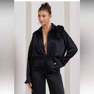 Club L London Black Satin Top and Pants Set
